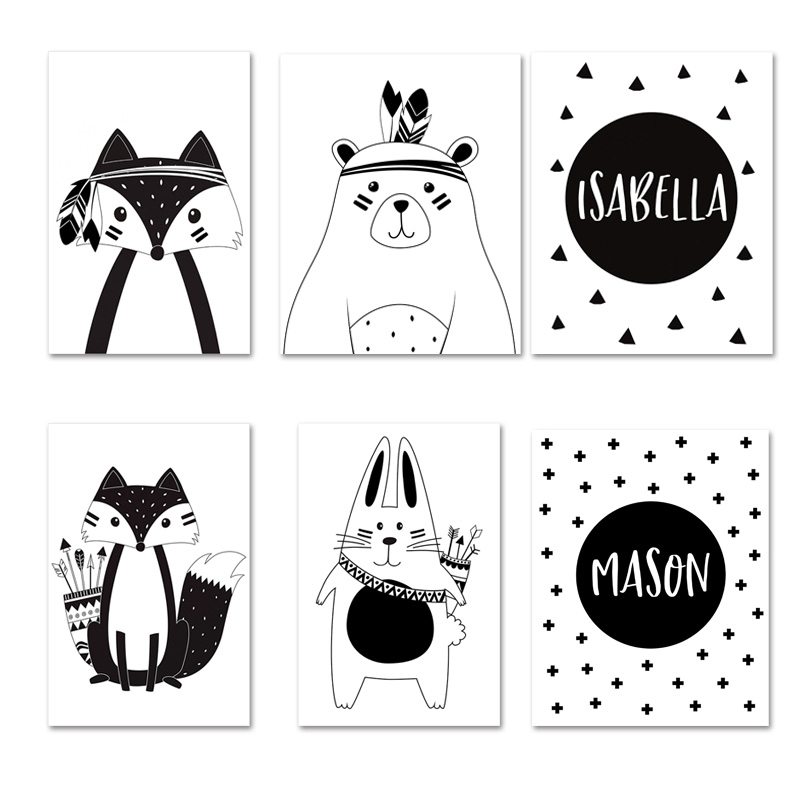 Baby Nursery Name Wall Art - Nero Bianco Cartone Animato Orso Coniglio