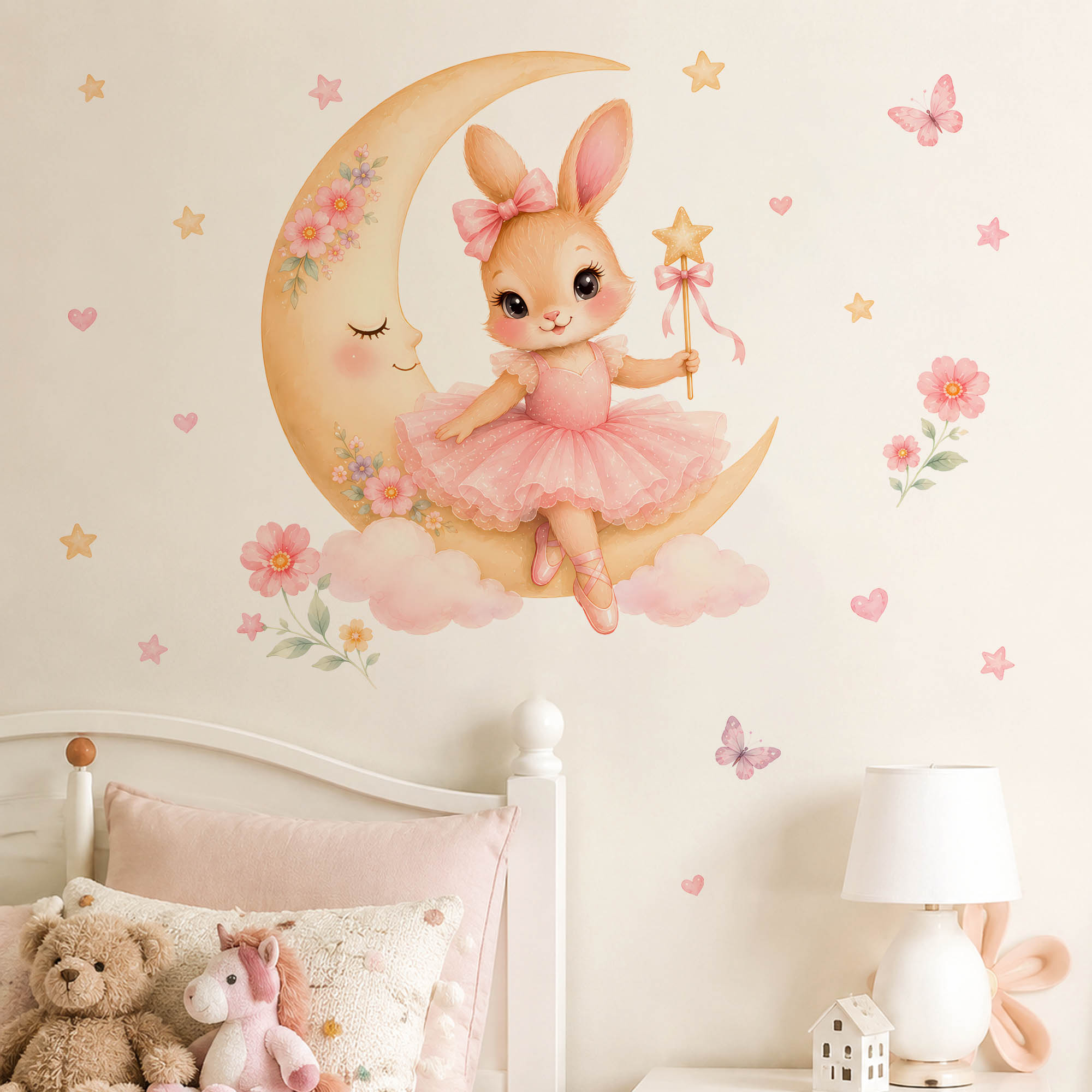 Baby Nursery Decor Girl - Adesivi Murali Acquerello Ballerina Coniglietto Luna,
