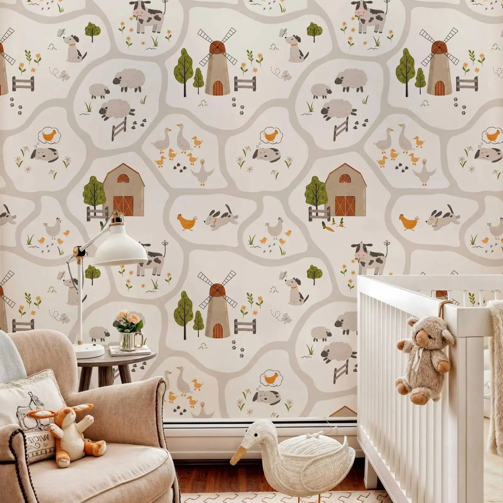 Baby Nursery Peel And Stick Wallpaper - Simpatici animali da fattoria per bambini,
