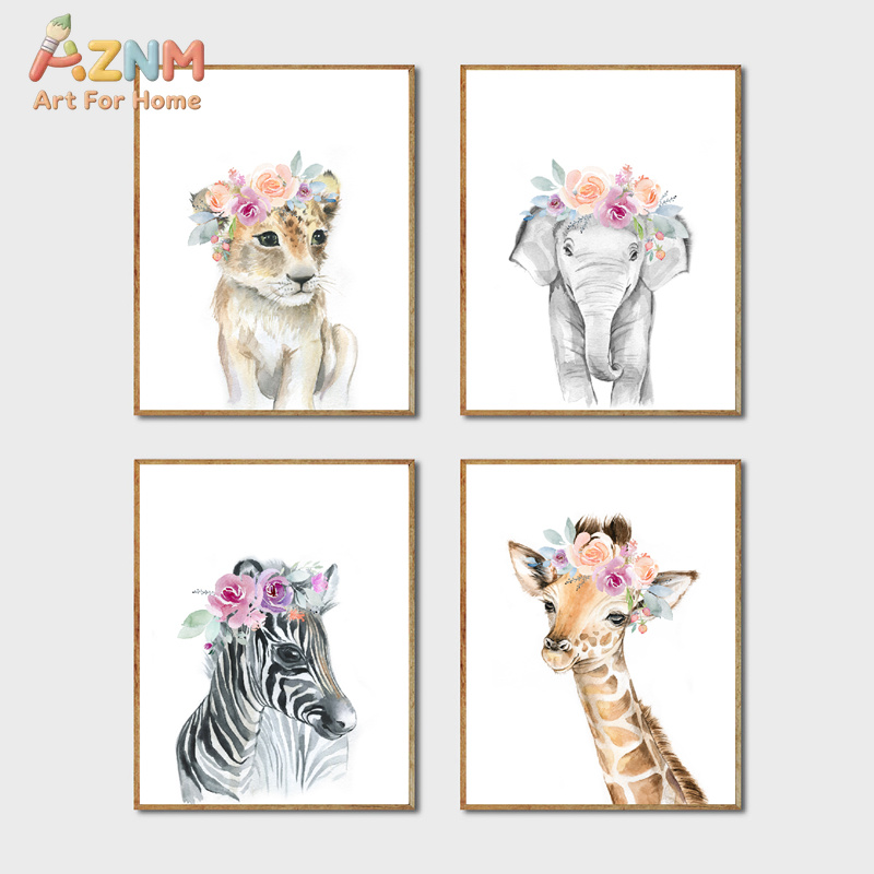 Baby Nursery Decor Girl - Quadro su Tela Decorativo con Animali