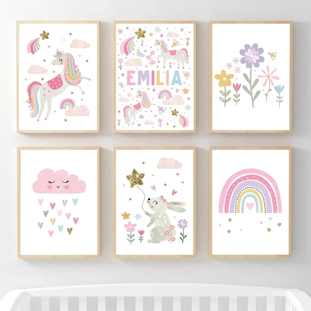 Baby Nursery Name Wall Art - Quadri su Tela con Unicorno Rosa,