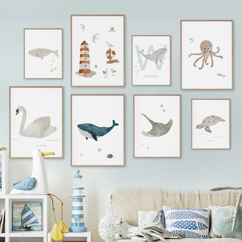 Baby Nursery Name Wall Art - Nome personalizzato Balena Polpo Tartaruga Cigno