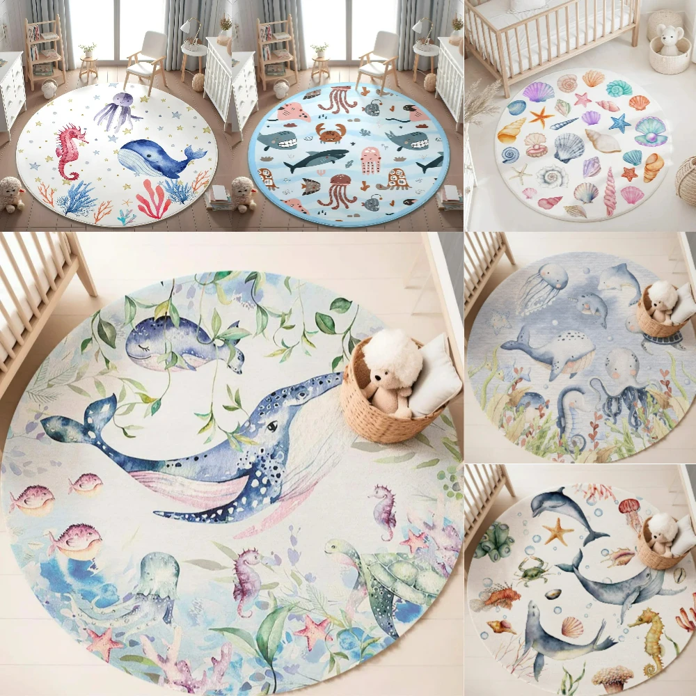Soft Rug Nursery - Tappeto rotondo blu con animali marini